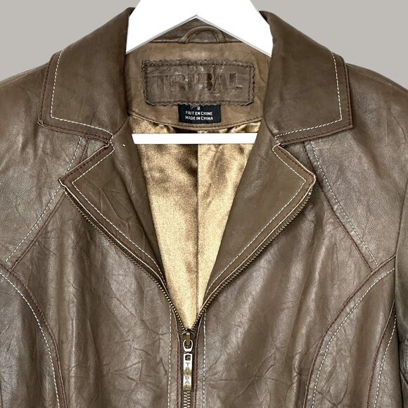 Tribal Leather Full Zip Collared Jacket Brown Women 8 Zip Pockets Leather Cuffed - Picture 5 of 11